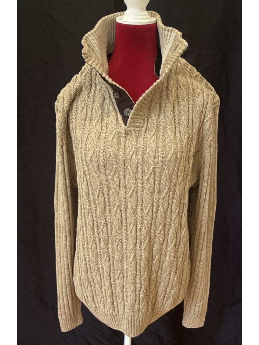 Tasso Elba Mens Heavy Cable Knit Pullover Sweater Size L Beige Chunky Mock Neck